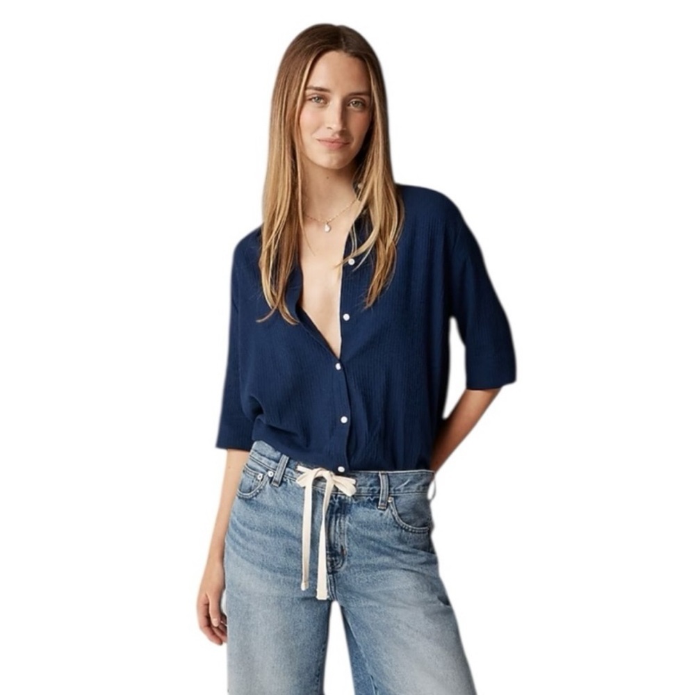 J. Crew Navy Blue Airy gauze Button Up down Shirt small S 100% cotton c1257